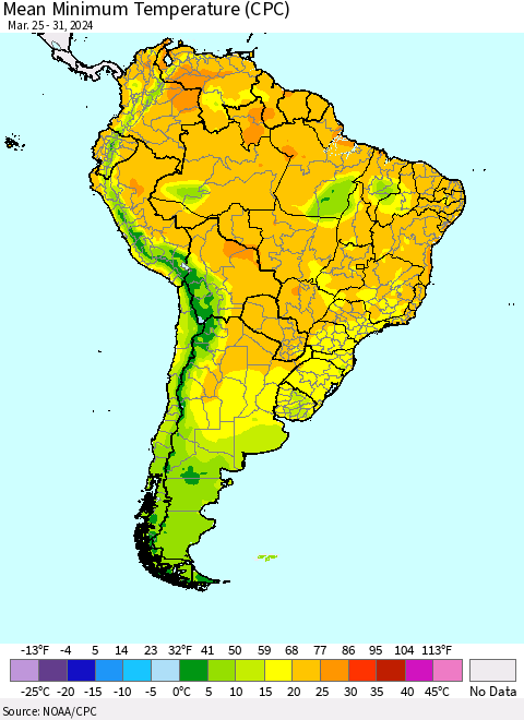 South America Mean Minimum Temperature (CPC) Thematic Map For 3/25/2024 - 3/31/2024