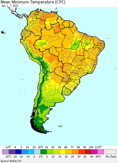South America Mean Minimum Temperature (CPC) Thematic Map For 4/1/2024 - 4/7/2024