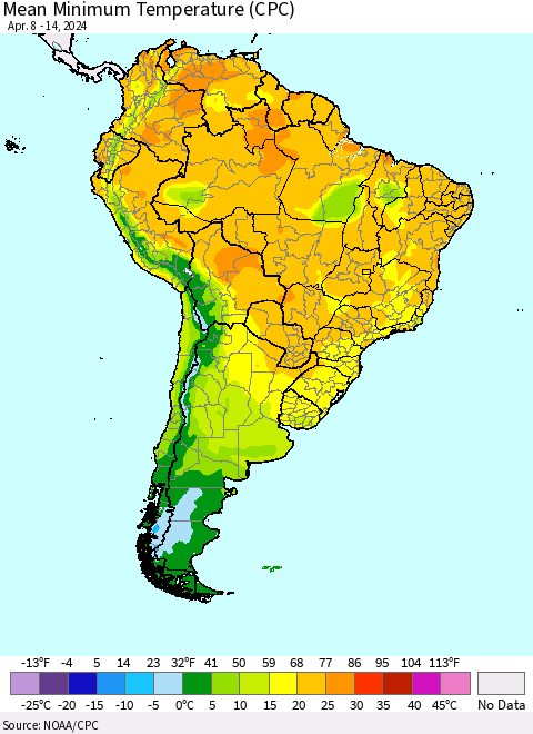 South America Mean Minimum Temperature (CPC) Thematic Map For 4/8/2024 - 4/14/2024