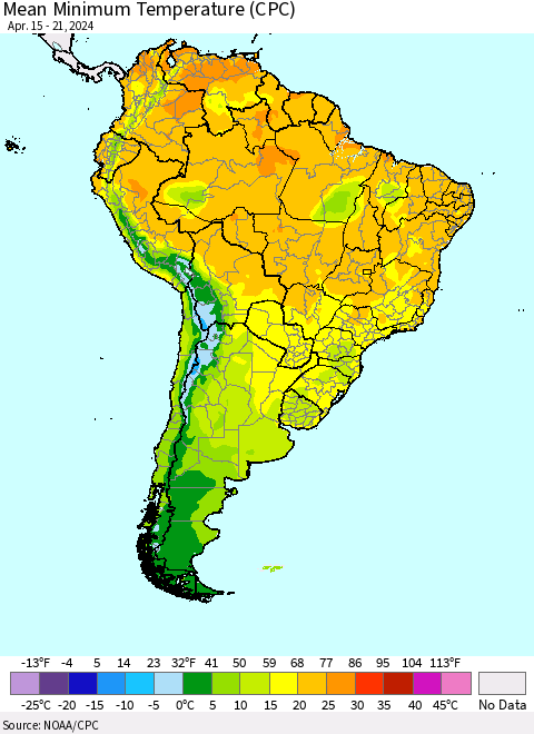 South America Mean Minimum Temperature (CPC) Thematic Map For 4/15/2024 - 4/21/2024