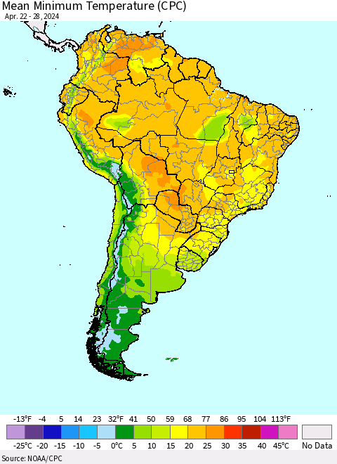 South America Mean Minimum Temperature (CPC) Thematic Map For 4/22/2024 - 4/28/2024