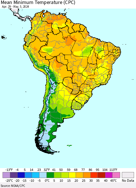 South America Mean Minimum Temperature (CPC) Thematic Map For 4/29/2024 - 5/5/2024