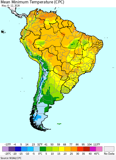 South America Mean Minimum Temperature (CPC) Thematic Map For 5/6/2024 - 5/12/2024