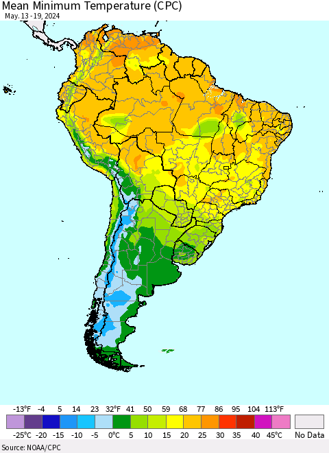 South America Mean Minimum Temperature (CPC) Thematic Map For 5/13/2024 - 5/19/2024