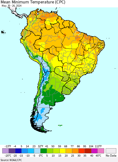 South America Mean Minimum Temperature (CPC) Thematic Map For 5/20/2024 - 5/26/2024