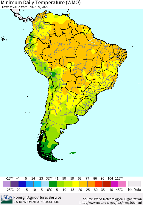 South America Minimum Daily Temperature (WMO) Thematic Map For 1/3/2022 - 1/9/2022