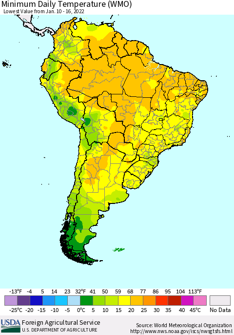 South America Minimum Daily Temperature (WMO) Thematic Map For 1/10/2022 - 1/16/2022
