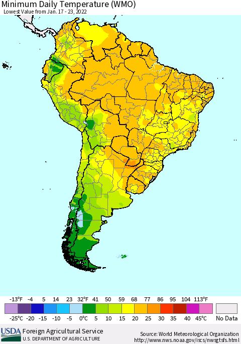 South America Minimum Daily Temperature (WMO) Thematic Map For 1/17/2022 - 1/23/2022