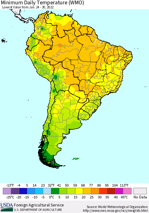 South America Minimum Daily Temperature (WMO) Thematic Map For 1/24/2022 - 1/30/2022