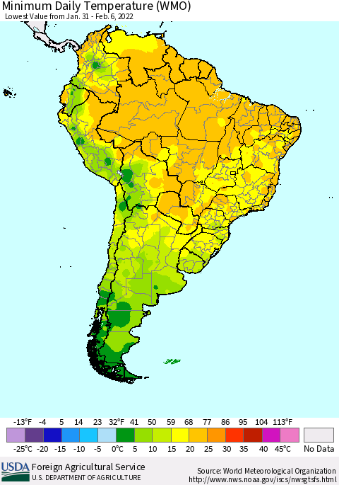 South America Minimum Daily Temperature (WMO) Thematic Map For 1/31/2022 - 2/6/2022