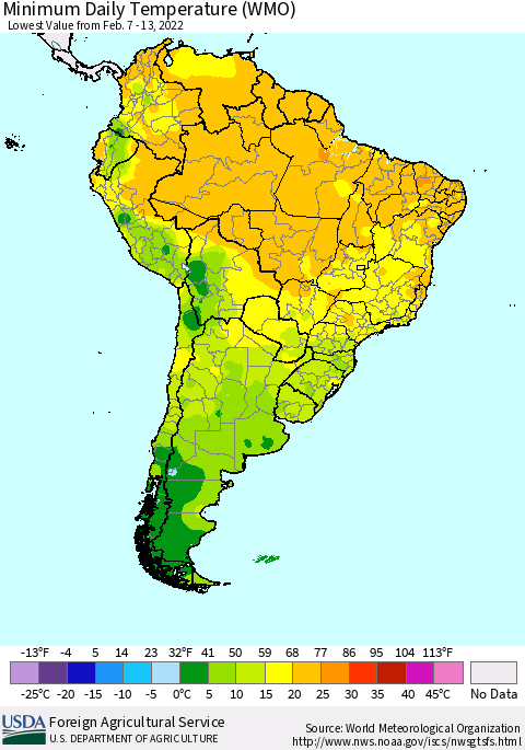 South America Minimum Daily Temperature (WMO) Thematic Map For 2/7/2022 - 2/13/2022