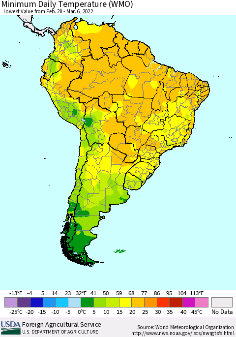 South America Minimum Daily Temperature (WMO) Thematic Map For 2/28/2022 - 3/6/2022