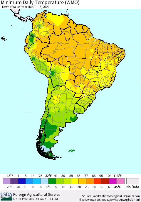 South America Minimum Daily Temperature (WMO) Thematic Map For 3/7/2022 - 3/13/2022