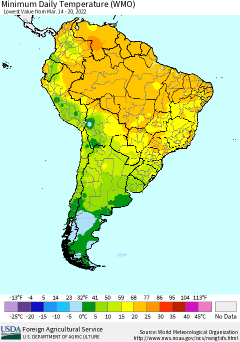 South America Minimum Daily Temperature (WMO) Thematic Map For 3/14/2022 - 3/20/2022