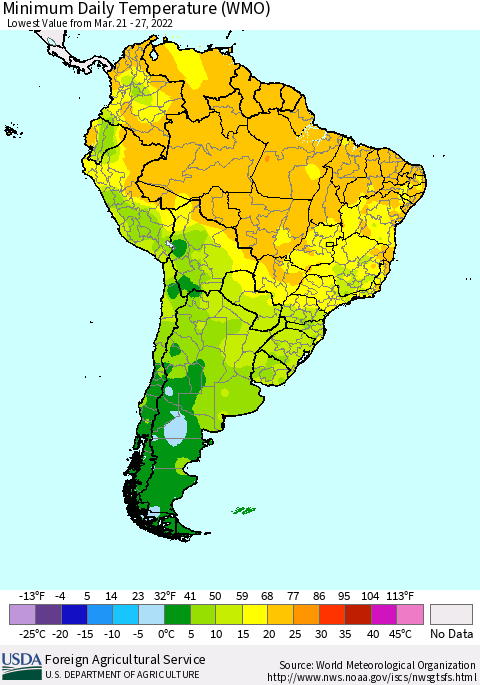 South America Minimum Daily Temperature (WMO) Thematic Map For 3/21/2022 - 3/27/2022
