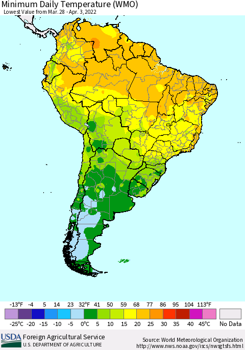South America Minimum Daily Temperature (WMO) Thematic Map For 3/28/2022 - 4/3/2022