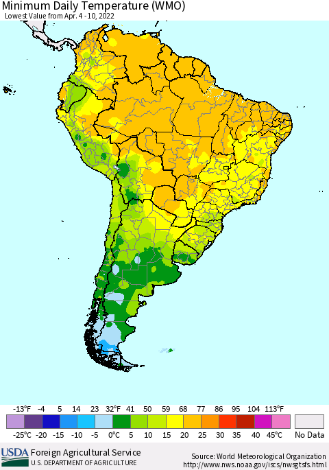 South America Minimum Daily Temperature (WMO) Thematic Map For 4/4/2022 - 4/10/2022