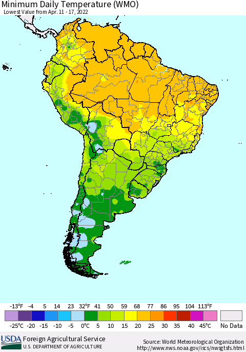 South America Minimum Daily Temperature (WMO) Thematic Map For 4/11/2022 - 4/17/2022
