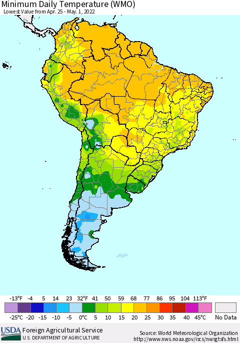 South America Minimum Daily Temperature (WMO) Thematic Map For 4/25/2022 - 5/1/2022