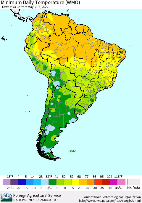 South America Minimum Daily Temperature (WMO) Thematic Map For 5/2/2022 - 5/8/2022