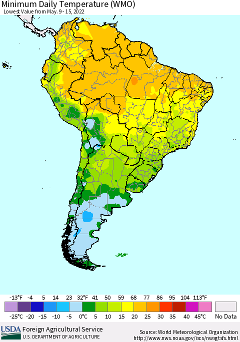 South America Minimum Daily Temperature (WMO) Thematic Map For 5/9/2022 - 5/15/2022