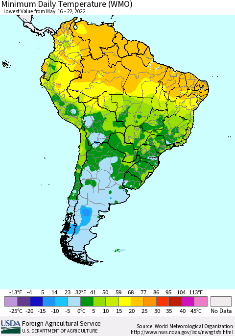 South America Minimum Daily Temperature (WMO) Thematic Map For 5/16/2022 - 5/22/2022