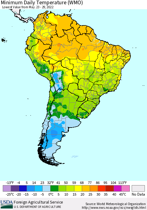 South America Minimum Daily Temperature (WMO) Thematic Map For 5/23/2022 - 5/29/2022