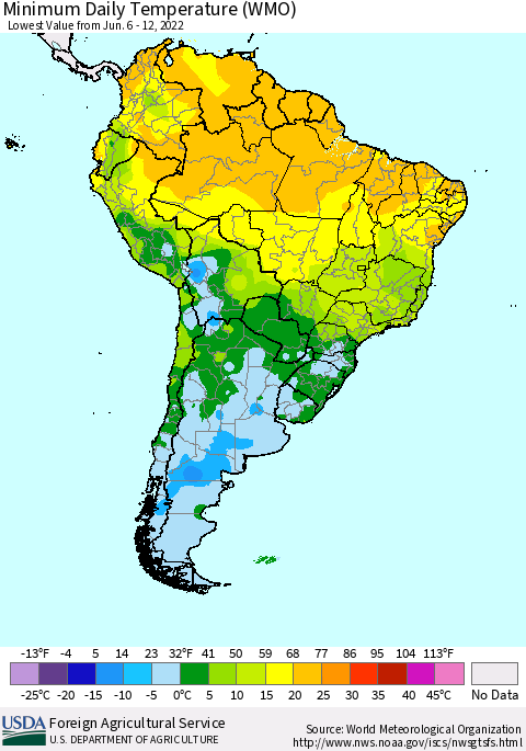 South America Minimum Daily Temperature (WMO) Thematic Map For 6/6/2022 - 6/12/2022