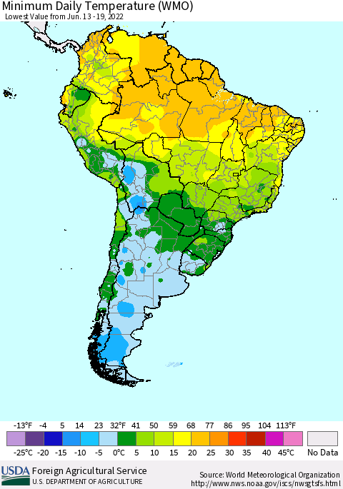 South America Minimum Daily Temperature (WMO) Thematic Map For 6/13/2022 - 6/19/2022