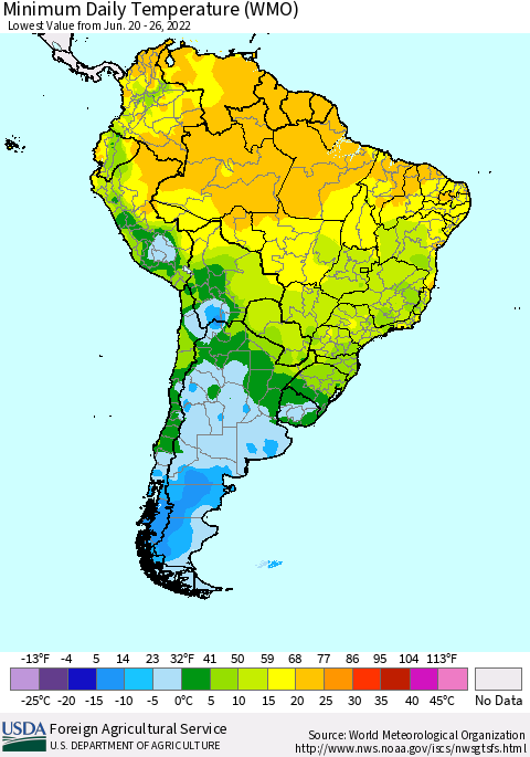 South America Minimum Daily Temperature (WMO) Thematic Map For 6/20/2022 - 6/26/2022
