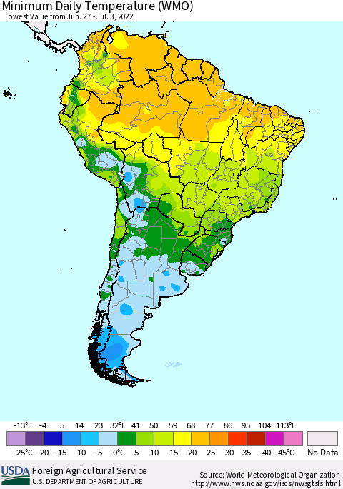 South America Minimum Daily Temperature (WMO) Thematic Map For 6/27/2022 - 7/3/2022