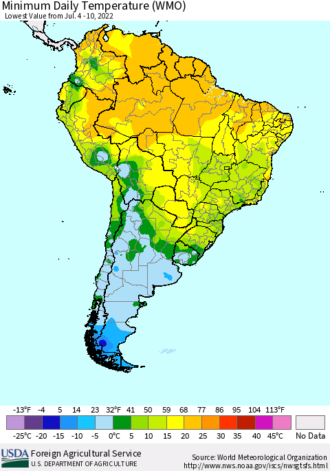 South America Minimum Daily Temperature (WMO) Thematic Map For 7/4/2022 - 7/10/2022