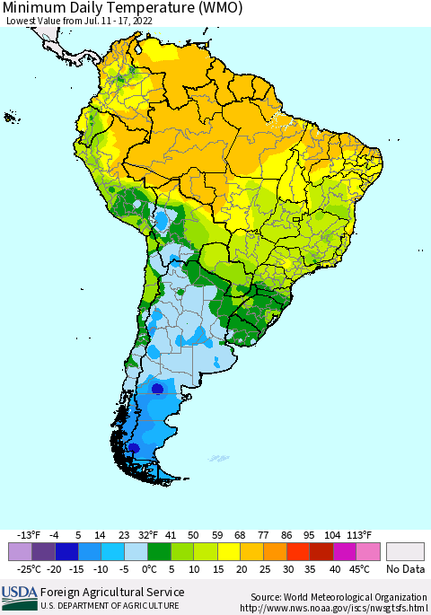 South America Minimum Daily Temperature (WMO) Thematic Map For 7/11/2022 - 7/17/2022
