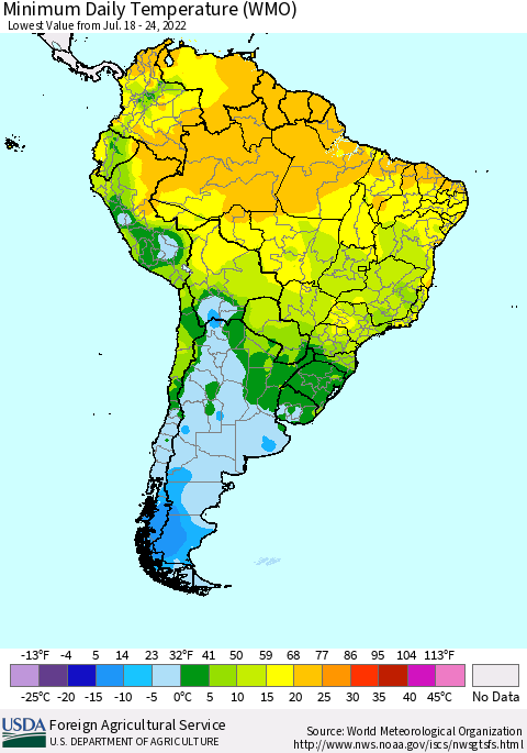 South America Minimum Daily Temperature (WMO) Thematic Map For 7/18/2022 - 7/24/2022