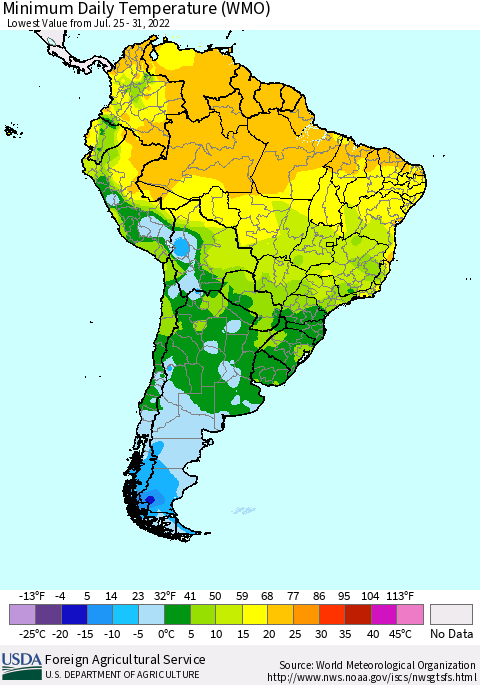 South America Minimum Daily Temperature (WMO) Thematic Map For 7/25/2022 - 7/31/2022