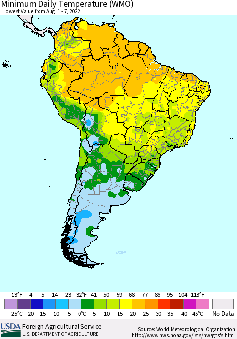 South America Minimum Daily Temperature (WMO) Thematic Map For 8/1/2022 - 8/7/2022