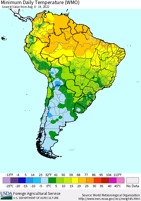 South America Minimum Daily Temperature (WMO) Thematic Map For 8/8/2022 - 8/14/2022