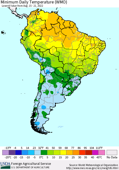 South America Minimum Daily Temperature (WMO) Thematic Map For 8/15/2022 - 8/21/2022