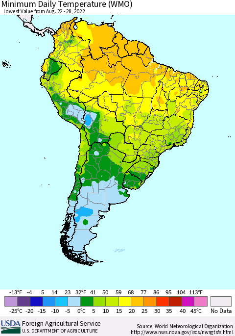 South America Minimum Daily Temperature (WMO) Thematic Map For 8/22/2022 - 8/28/2022
