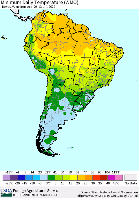 South America Minimum Daily Temperature (WMO) Thematic Map For 8/29/2022 - 9/4/2022
