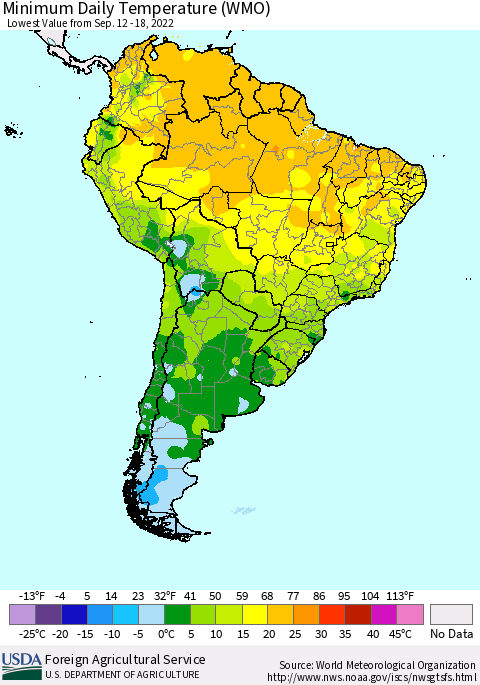 South America Minimum Daily Temperature (WMO) Thematic Map For 9/12/2022 - 9/18/2022