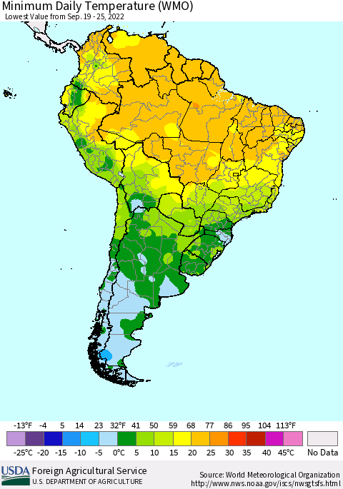 South America Minimum Daily Temperature (WMO) Thematic Map For 9/19/2022 - 9/25/2022