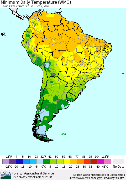 South America Minimum Daily Temperature (WMO) Thematic Map For 9/26/2022 - 10/2/2022