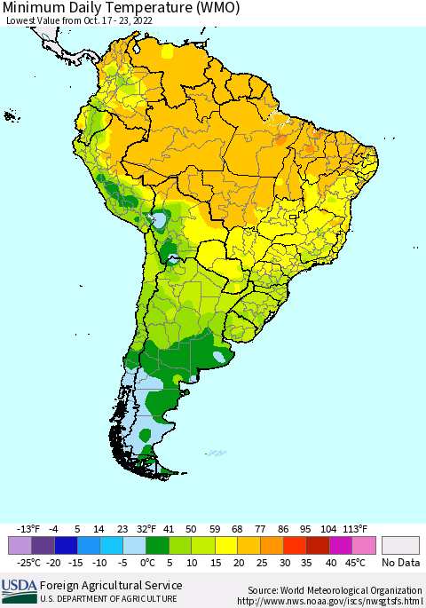 South America Minimum Daily Temperature (WMO) Thematic Map For 10/17/2022 - 10/23/2022