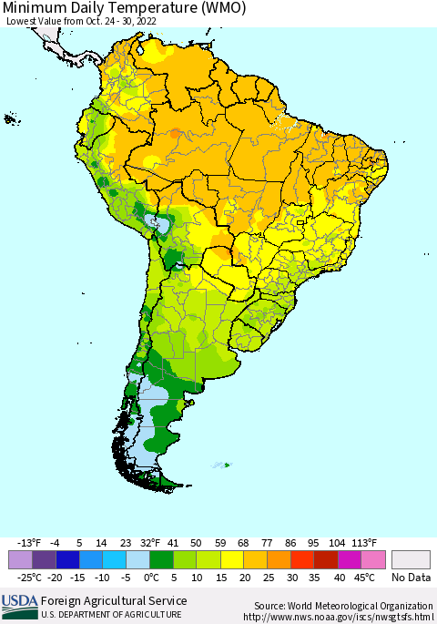 South America Minimum Daily Temperature (WMO) Thematic Map For 10/24/2022 - 10/30/2022
