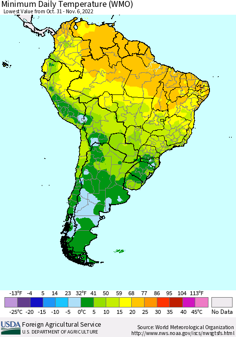South America Minimum Daily Temperature (WMO) Thematic Map For 10/31/2022 - 11/6/2022