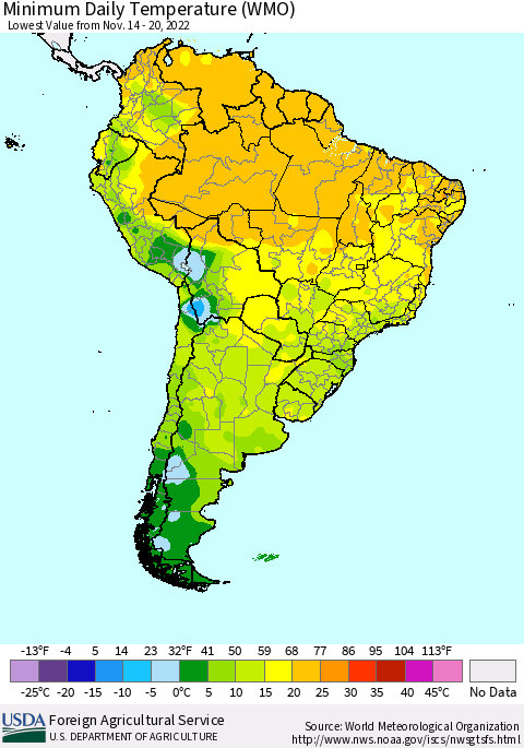 South America Minimum Daily Temperature (WMO) Thematic Map For 11/14/2022 - 11/20/2022