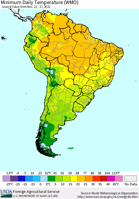 South America Minimum Daily Temperature (WMO) Thematic Map For 11/21/2022 - 11/27/2022