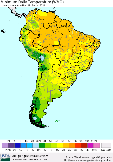 South America Minimum Daily Temperature (WMO) Thematic Map For 11/28/2022 - 12/4/2022