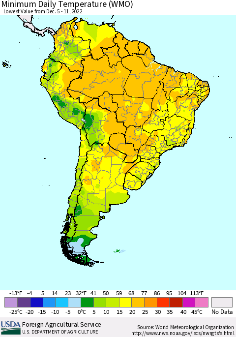 South America Minimum Daily Temperature (WMO) Thematic Map For 12/5/2022 - 12/11/2022